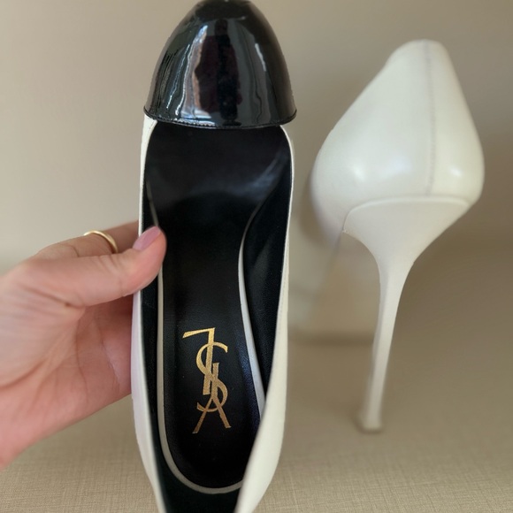 Saint Laurent Paris White/Black Leather Tribtoo Platform Pumps - Picture 6 of 6